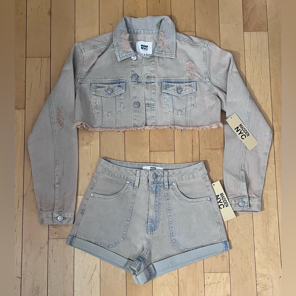 Tinted cropped denim jacket with denim shorts set